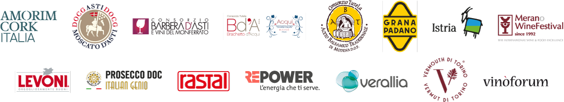 Partner: Amorim Cork Italia, Consorzio Asti Docg e Moscato d’Asti, Consorzio Barbera d’Asti e Vini del Monferrato, Brachetto d’Acqui, Consorzio Tutela Aceto Balsamico Tradizionale di Modena, Grana Padano, Istria, Merano WineFestival, Levoni, Prosecco Doc, Rastal, Repower, Verallia, Vermouth di Torino, Vinòforum